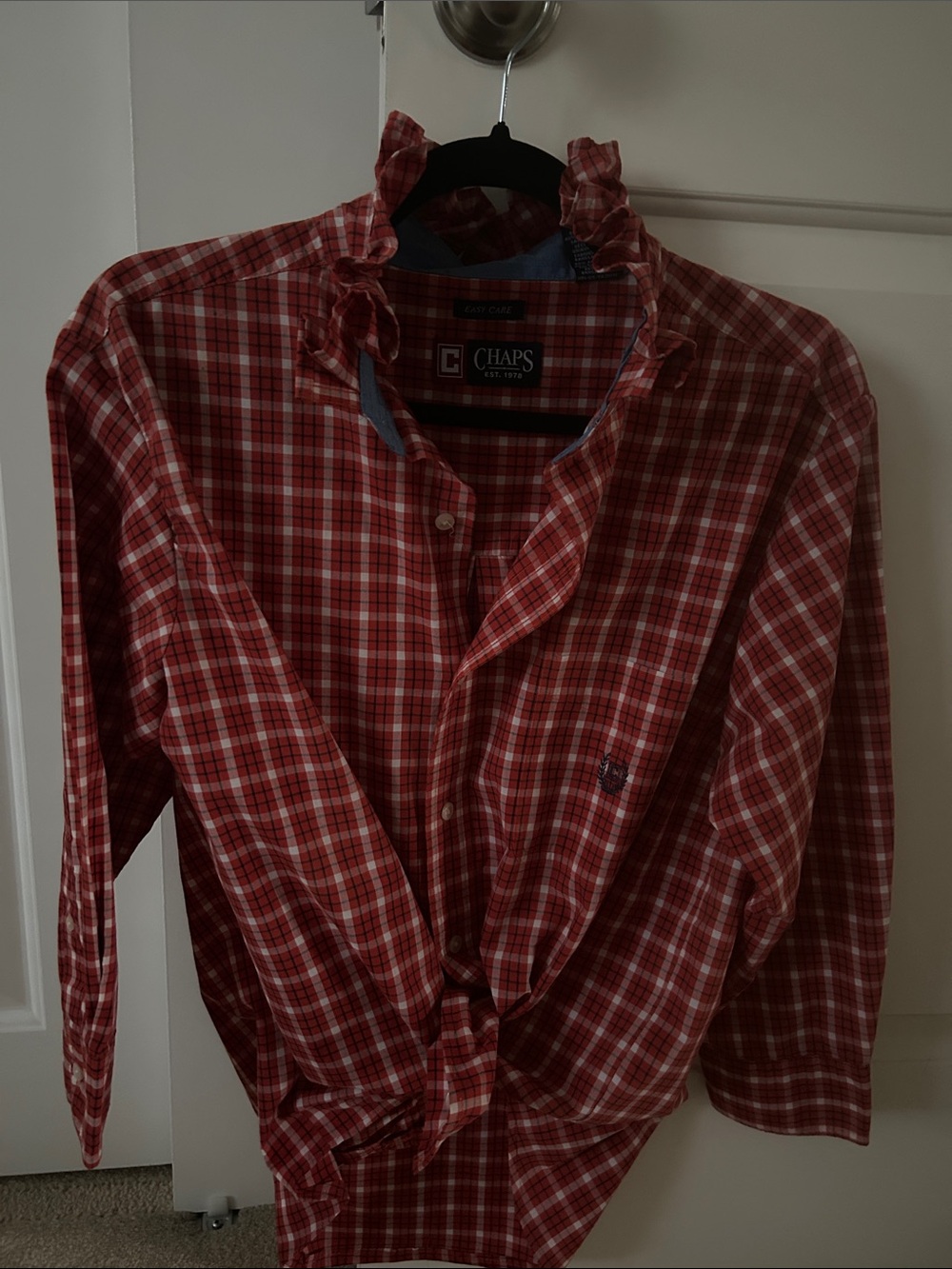 ChapsOrange plaid Button-Down Shirt recreated for a woman with ruffled collar.